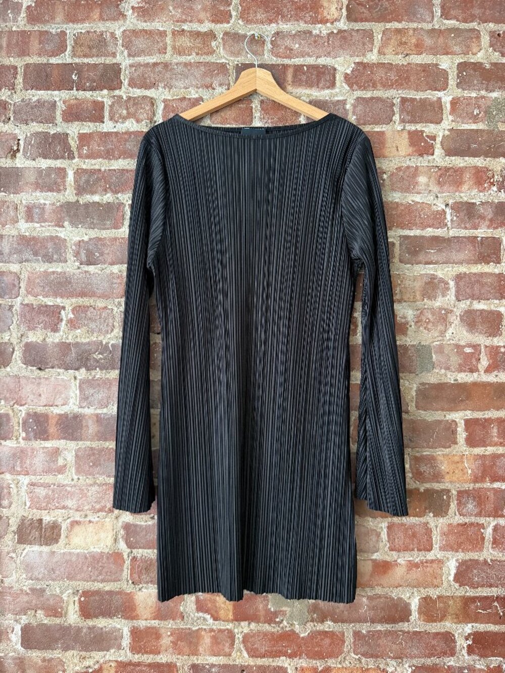 Black Micro Pleated Long Sleeve Mini Dress Issey Miyake Style Minimalist